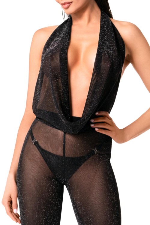 F350 Bodystocking mit Wasserfallausschnitt - L