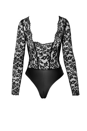 F296 Psyche bodysuit of lace and wetlook - L